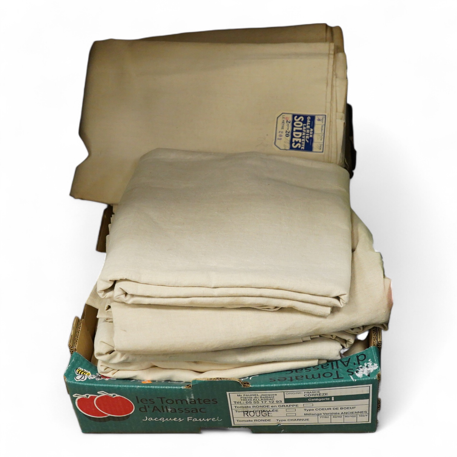 Ten French provincial cream coarse linen sheets, two unused with original Galleries Lafayette labels